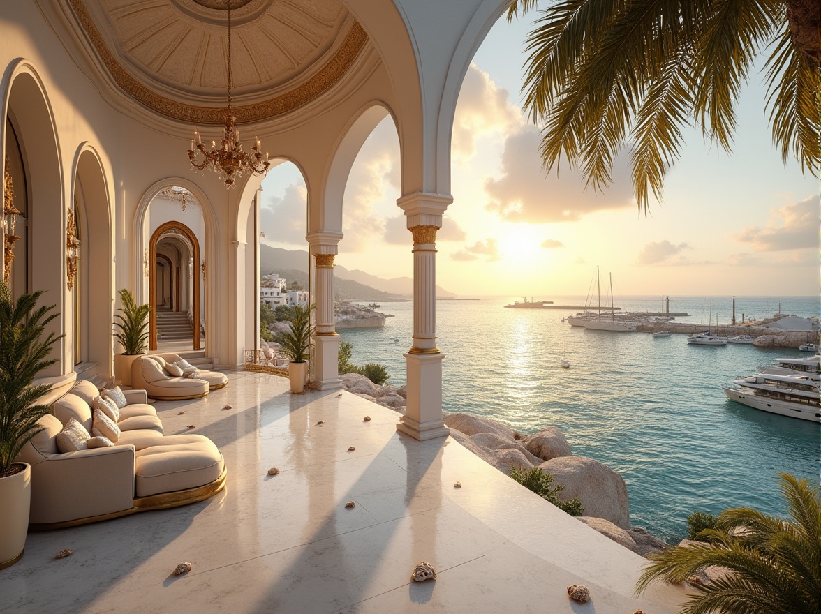 Prompt: Mediterranean coastal villa, Byzantine-inspired architecture, white stone walls, golden domes, intricate mosaics, ornate columns, grand archways, luxurious interior, marble floors, lavish furnishings, plush velvet sofas, crystal chandeliers, floor-to-ceiling windows, breathtaking ocean views, sun-kissed balconies, turquoise waters, sailboats docked at private piers, palm trees swaying in the gentle sea breeze, warm sandy beach, seashells scattered along the shoreline, dramatic sunset skies, soft golden lighting, 3/4 composition, cinematic atmosphere.