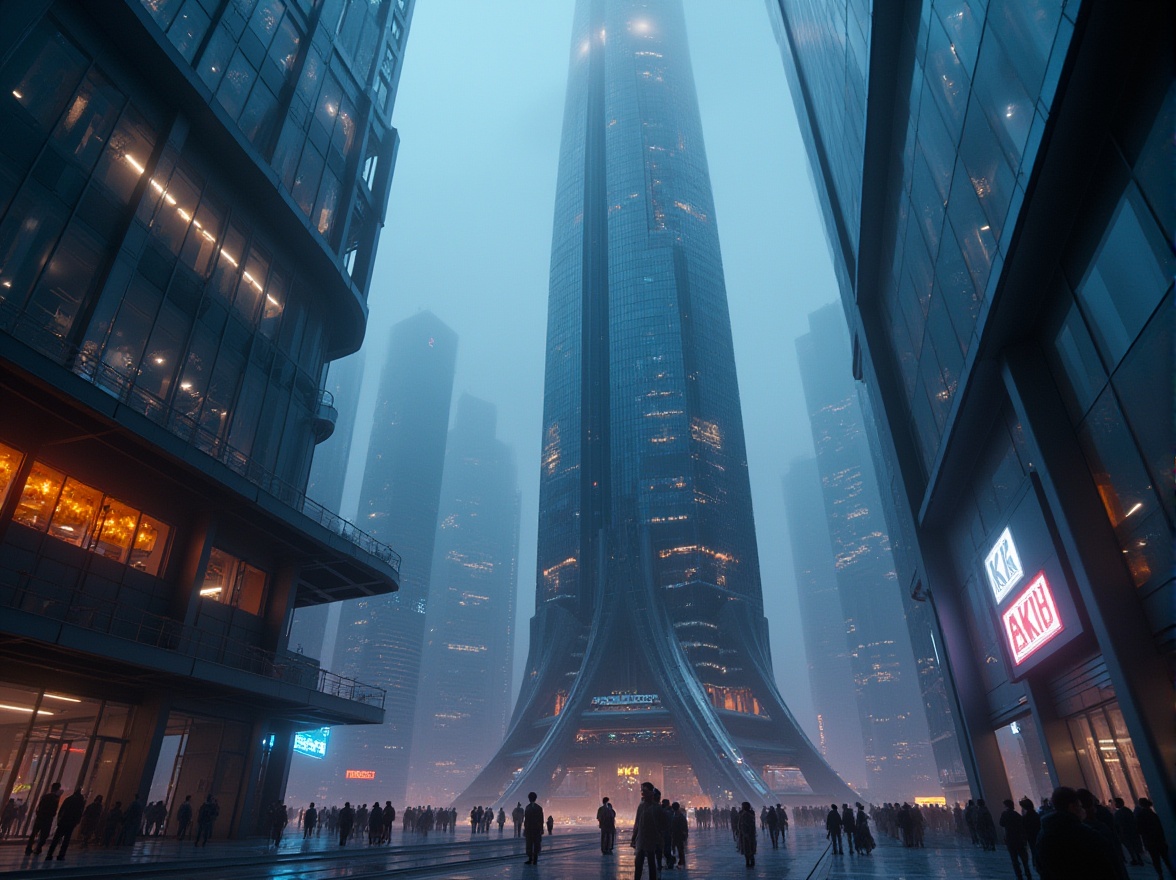 Prompt: Futuristic skyscraper, sleek metallic structure, neon lights, towering high-rise building, modern architectural style, urban cityscape, bustling metropolis, vibrant night scene, misty atmosphere, dramatic backlighting, low-angle shot, 3/4 composition, cinematic mood, futuristic materials, reflective glass, steel beams, avant-garde design elements.