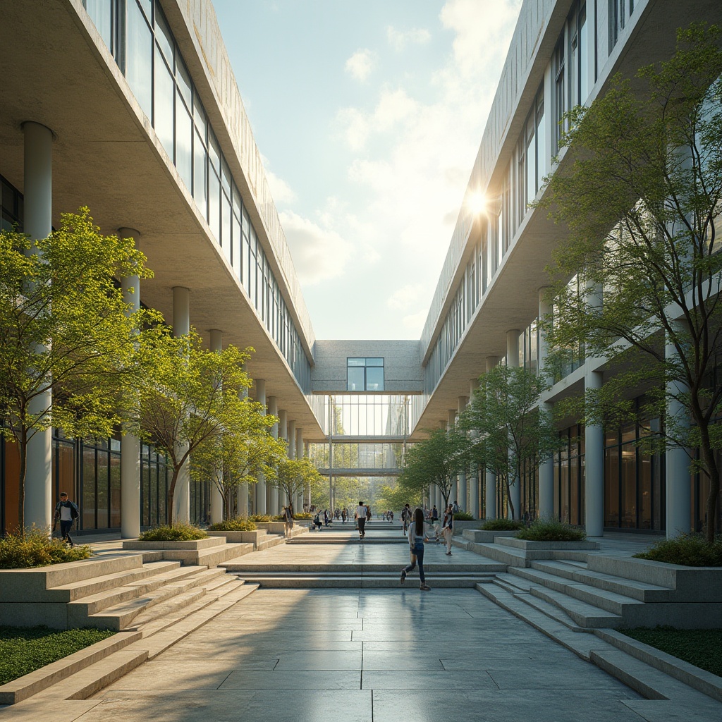 Prompt: Modern university campus, structuralism architecture, sleek lines, geometric shapes, steel beams, glass façades, minimalist details, vibrant greenery, lush trees, sunlit courtyard, steps leading to entrance, abstract sculptures, modern art installations, students walking in the background, warm natural light, soft shadows, 3/4 composition, symmetrical framing, cinematic depth of field.