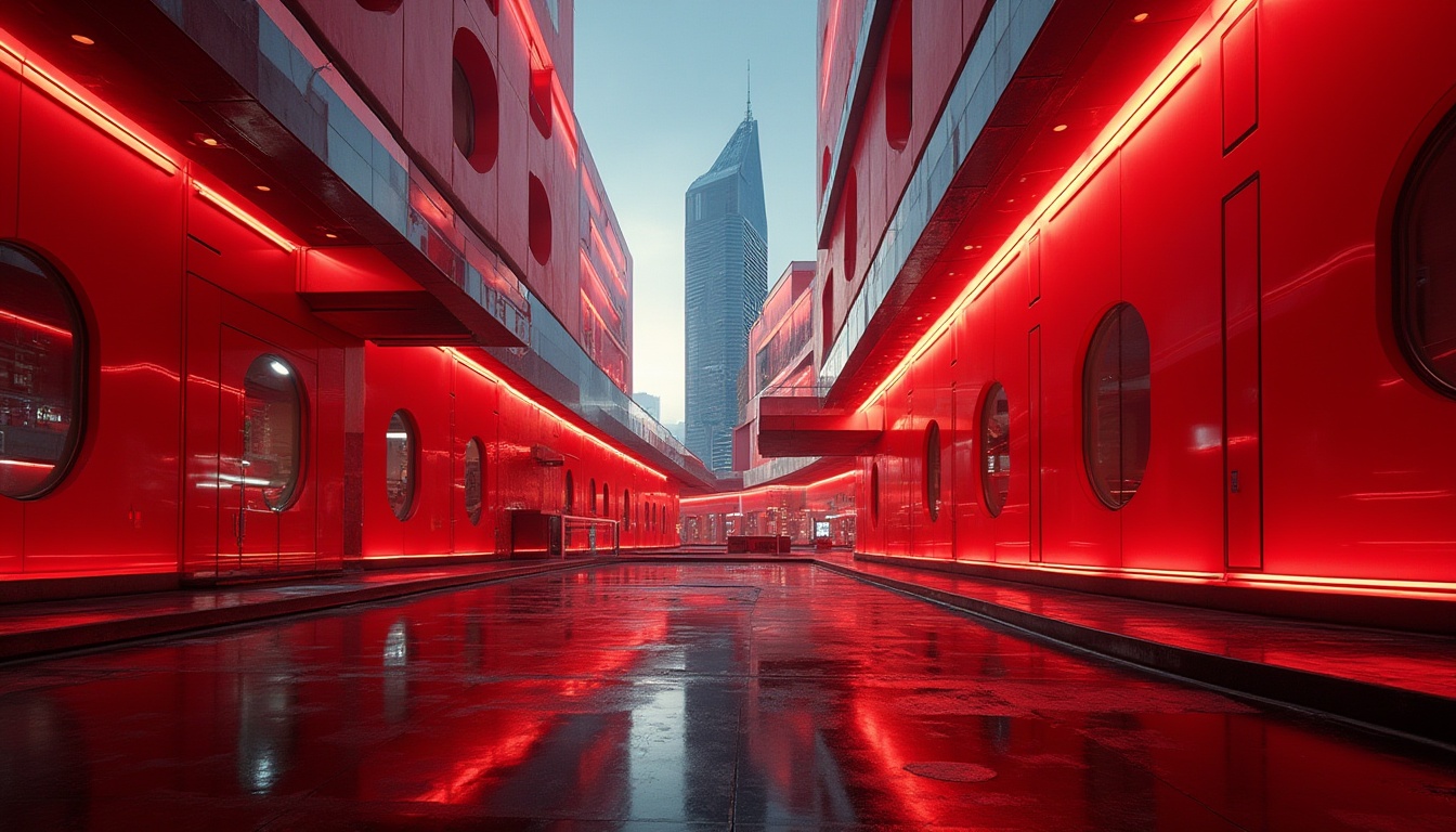 Prompt: Vibrant red accents, bold modern design, urban cityscape, sleek skyscraper, abstract geometric shapes, dramatic contrast, eye-catching focal point, dynamic composition, low-angle shot, cinematic lighting, warm and energetic atmosphere, metallic texture, glossy finish, futuristic vibe, avant-garde architecture, abstract art piece.