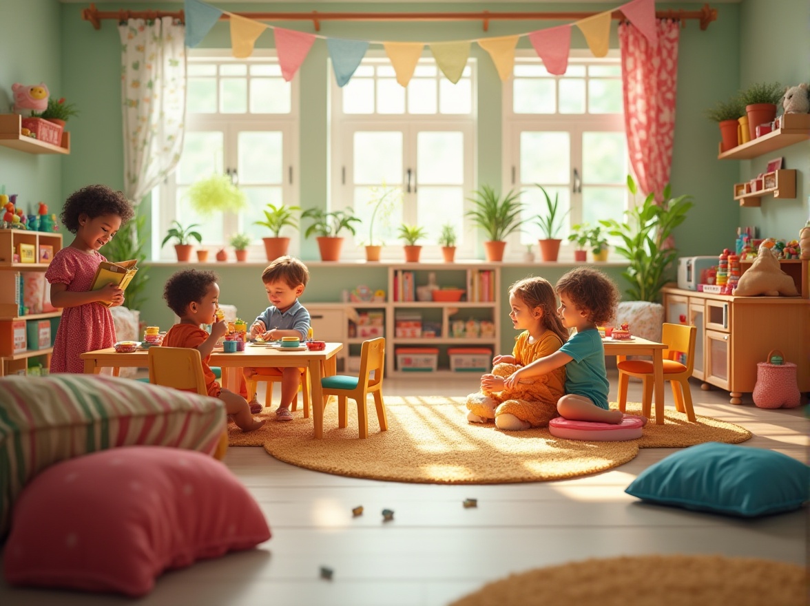 Prompt: Colorful kindergarten classroom, playful atmosphere, vibrant fabrics, polka dot curtains, striped pillows, soft cushions, woven baskets, wooden tables, tiny chairs, educational toys, building blocks, stuffed animals, cheerful rugs, flower-patterned wallpaper, natural light pouring in through large windows, green plants on shelves, a reading nook with a plush couch, a dramatic play area with a miniature kitchen, friendly kindergarten teacher, smiling children playing together, warm and inviting ambient lighting, shallow depth of field, bright colors, lively composition.