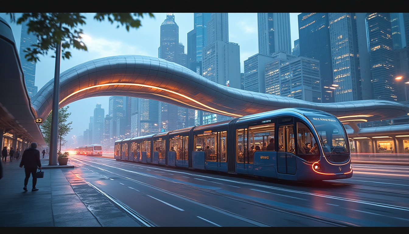 Prompt: Futuristic bus station, innovative design, sleek lines, metallic materials, glass roofs, LED lights, modern architecture, urban landscape, cityscape, skyscrapers in background, busy streets, pedestrian traffic, blurred motion, dynamic composition, low-angle shot, dramatic lighting, bold colors, vibrant atmosphere.