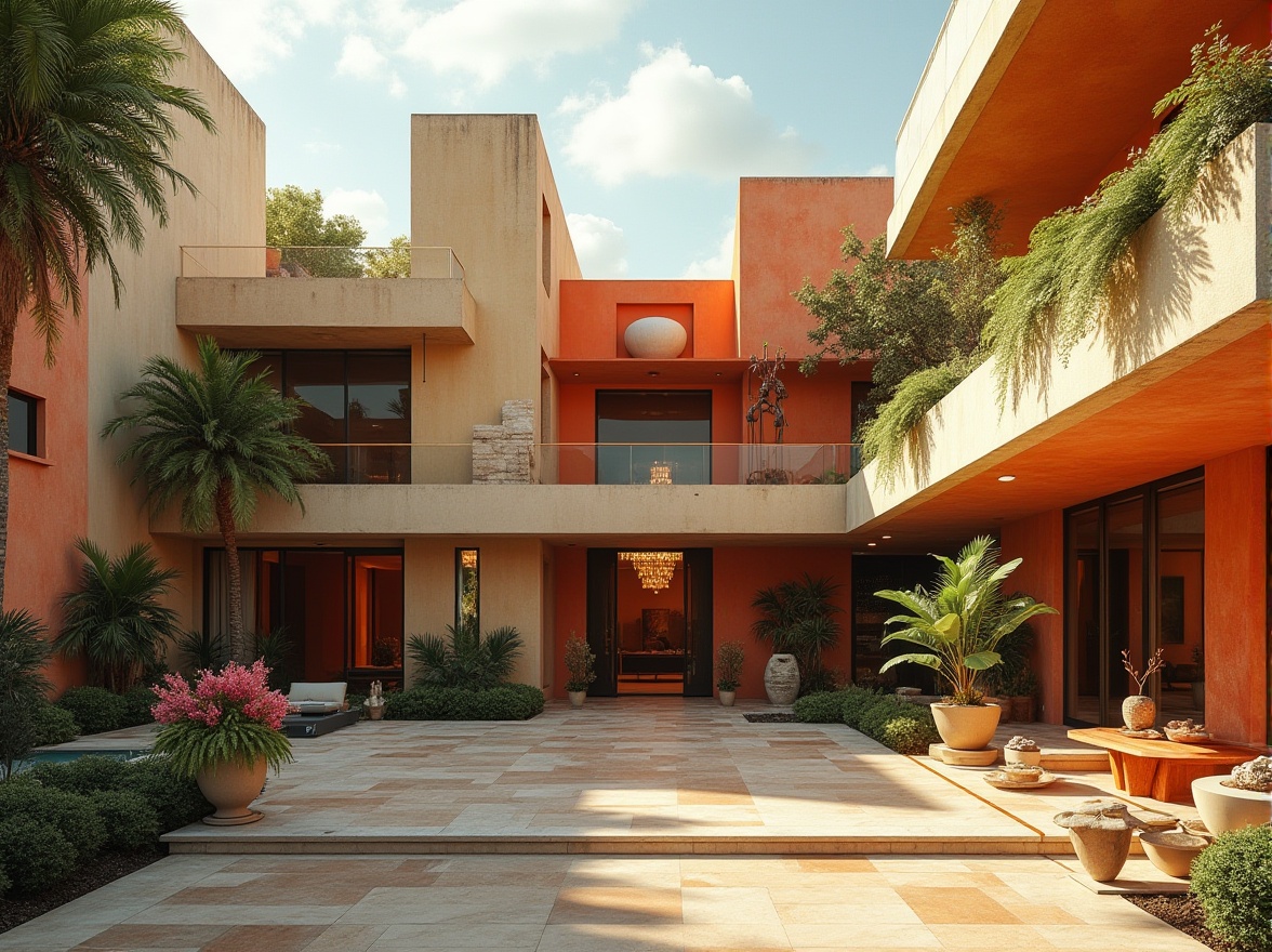 Prompt: Luxurious villa, postmodernist architecture, bold colorful facade, irregular shapes, asymmetrical composition, grand entrance, oversized doors, ornate decorations, lavish furnishings, modern art pieces, abstract sculptures, lush greenery, exotic plants, vibrant flower arrangements, spacious courtyard, natural stone flooring, wooden accents, elegant chandeliers, soft warm lighting, cinematic atmosphere, afternoon sunbeams, 3/4 composition, low-angle shot, dramatic shadows.