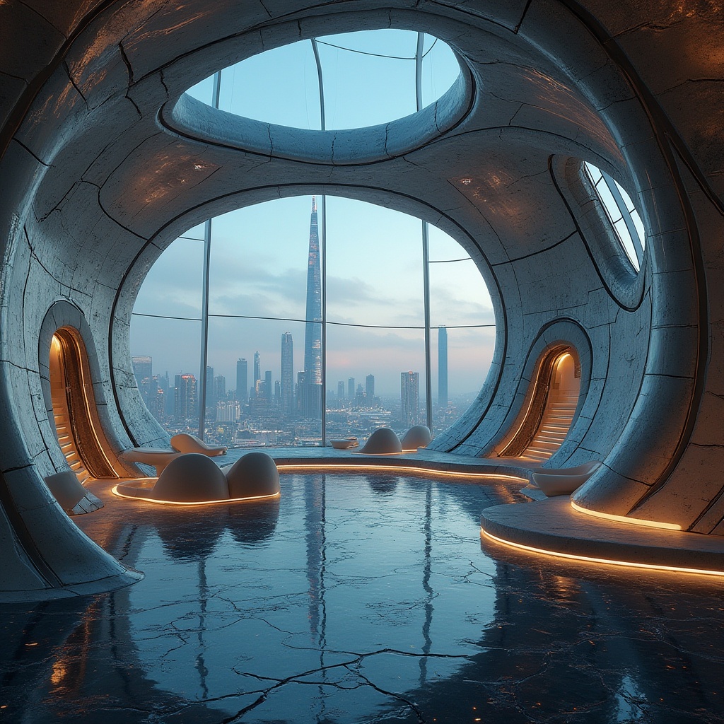 Prompt: Lavacrete material, futuristic architecture, sleek curves, metallic sheen, reflective surface, intricate patterns, urban cityscape, skyscraper, modern interior design, luxurious furniture, ambient lighting, 3/4 composition, panoramic view, high-angle shot, cinematic mood, sci-fi atmosphere, neon lights, holographic projections.