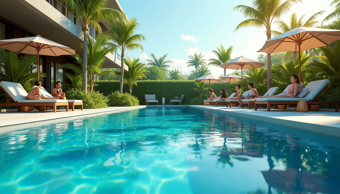 Prompt: Modern pool scene, sunny day, clear blue water, Chukum material pool walls, sleek and shiny surface, gentle ripples, subtle reflections, surrounding lush greenery, tropical plants, wooden deck chairs, soft cushions, umbrella tables, few people lounging, relaxing atmosphere, warm lighting, shallow depth of field, 3/4 composition, vibrant colors, summer vibes.