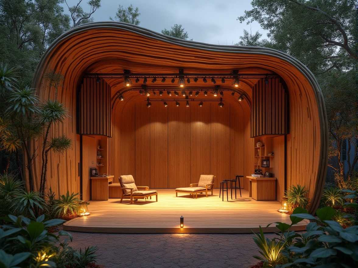 Prompt: Bamboo performing arts center, modern architecture, sustainable design, natural materials, eco-friendly, warm ambiance, soft lighting, bamboo flooring, woven bamboo walls, curved lines, minimalist decor, wooden stage, professional lighting system, audience seating area, acoustic panels, backstage facilities, dressing rooms, storage areas, outdoor garden, tropical plants, water feature, tranquil atmosphere, evening scene, warm color tone, soft focus.