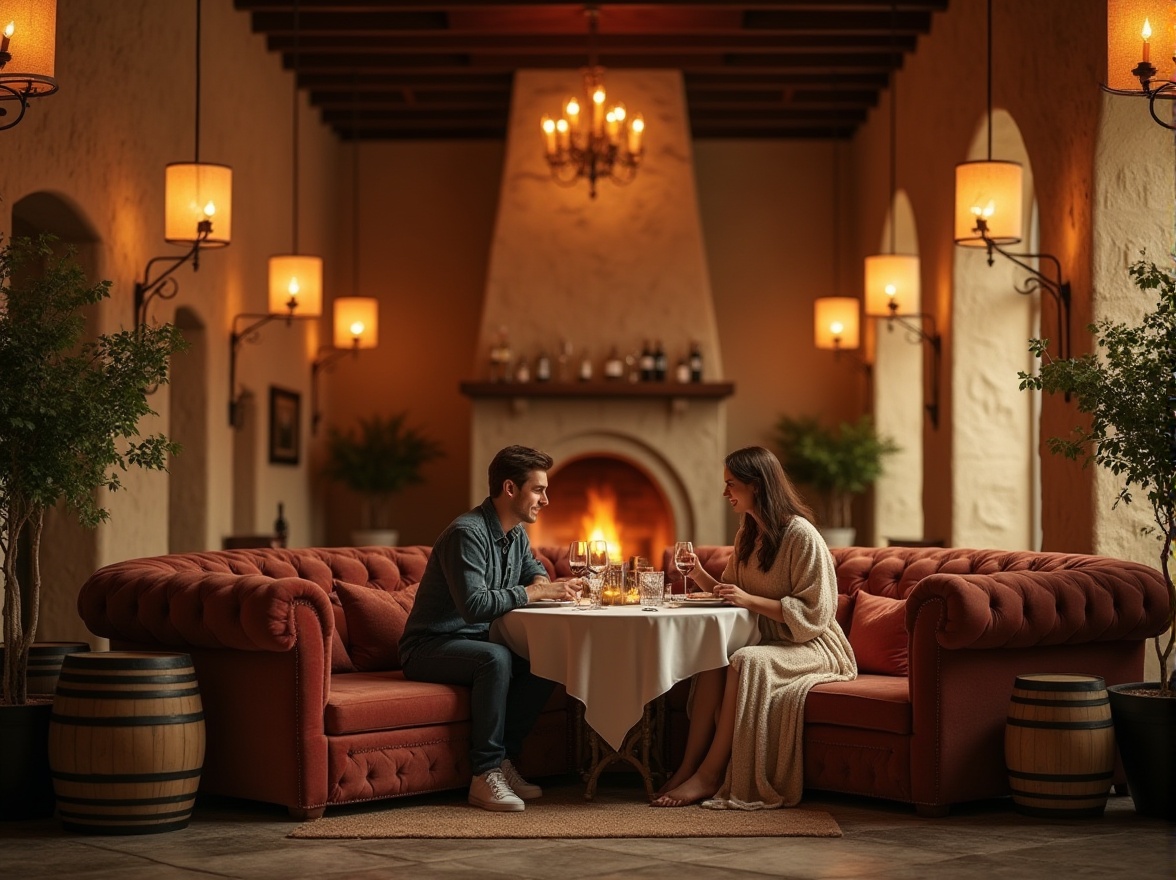 Prompt: winery, warm atmosphere, inviting, cream color, rustic wooden walls, dim soft lighting, cozy fireplace, comfortable velvet sofas, wine barrels, grapevine patterns, elegant chandeliers, classic archways, stone floors, lush green plants, vintage wine bottles, relaxed seated pose, smiling couple, intimate dinner setting, golden hour, soft focus, warm color palette.