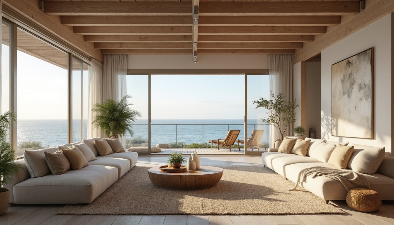 Prompt: Coastal loft modernism style, luxurious open-plan living space, minimalist chic, natural materials, reclaimed wood accents, industrial metal beams, floor-to-ceiling windows, breathtaking ocean views, panoramic vista, warm beige tones, soft creamy whites, taupe-colored sofas, linen-textured throw pillows, woven sea grass-inspired rugs, nautical ropes, distressed wooden coffee tables, potted succulents, abstract coastal-themed artwork, ambient soft lighting, cinematic composition, 3/4 view, morning sunlight, serene atmosphere.