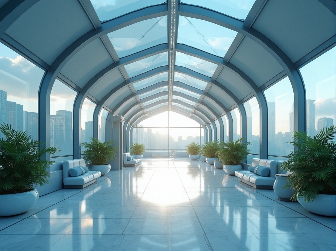 Prompt: Modern train station, light blue tone, calming atmosphere, sleek glass roof, minimalist steel columns, polished marble floor, gentle arches, soft indirect lighting, subtle LED strips, comfortable seating area, plants with green leaves, urban landscape outside, cloudy sky, morning sunlight, warm ambient glow, 3/4 composition, shallow depth of field.