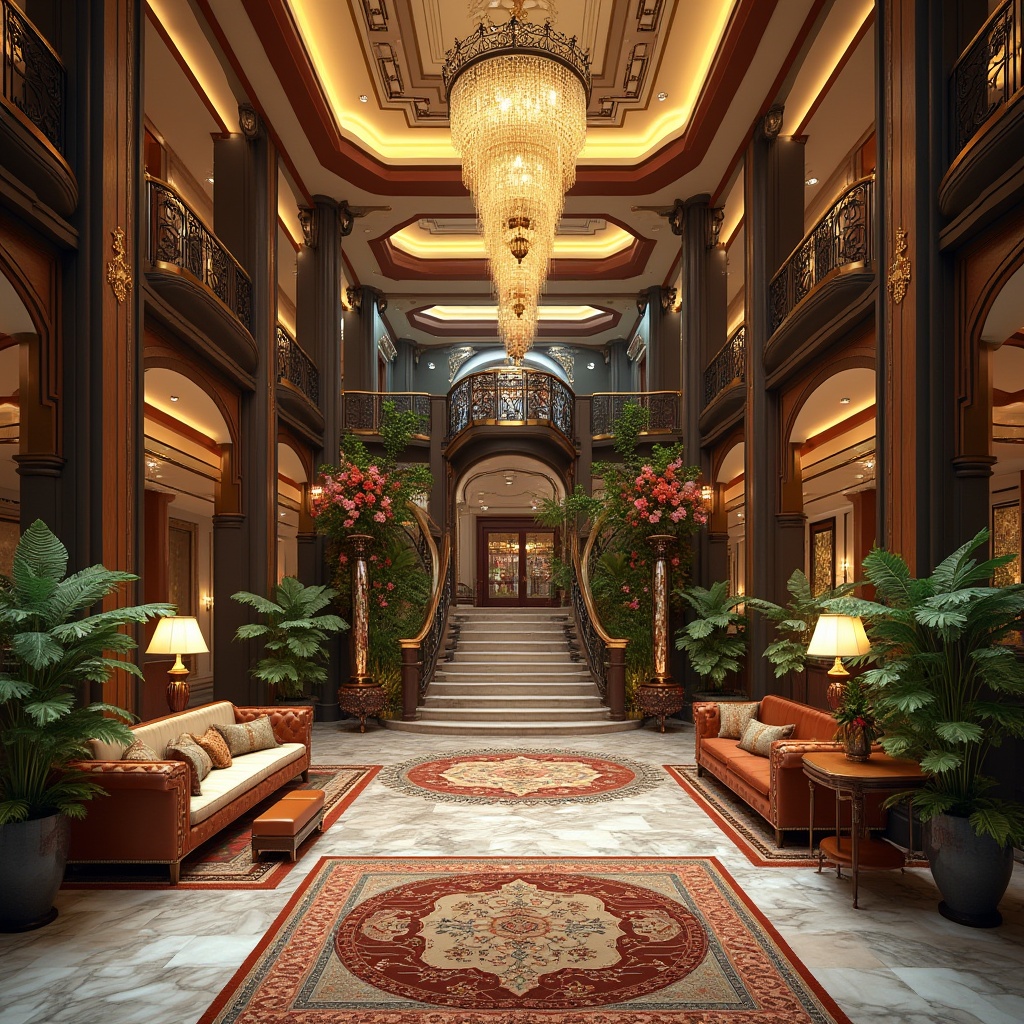 Prompt: Luxurious hotel lobby, eclectic mix of modern, Victorian, Art Deco styles, bold color palette, intricate patterns, lavish furnishings, grand chandelier, marble floors, ornate columns, lush greenery, vibrant floral arrangements, plush area rugs, curved staircase, elegant archways, warm atmospheric lighting, soft shadows, 3/4 composition, medium shot, realistic rendering.