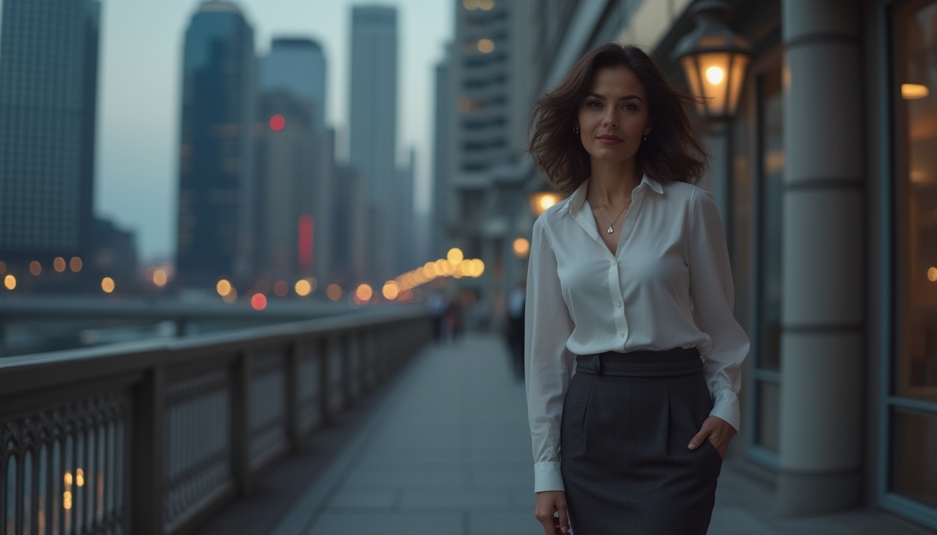 Prompt: dark gray, timeless, elegant, mature lady, shoulder-length hair, subtle curls, natural makeup, white blouse, dark gray pencil skirt, black heels, simple necklace, standing, urban setting, skyscraper, city lights, evening atmosphere, 3/4 composition, cinematic lighting.