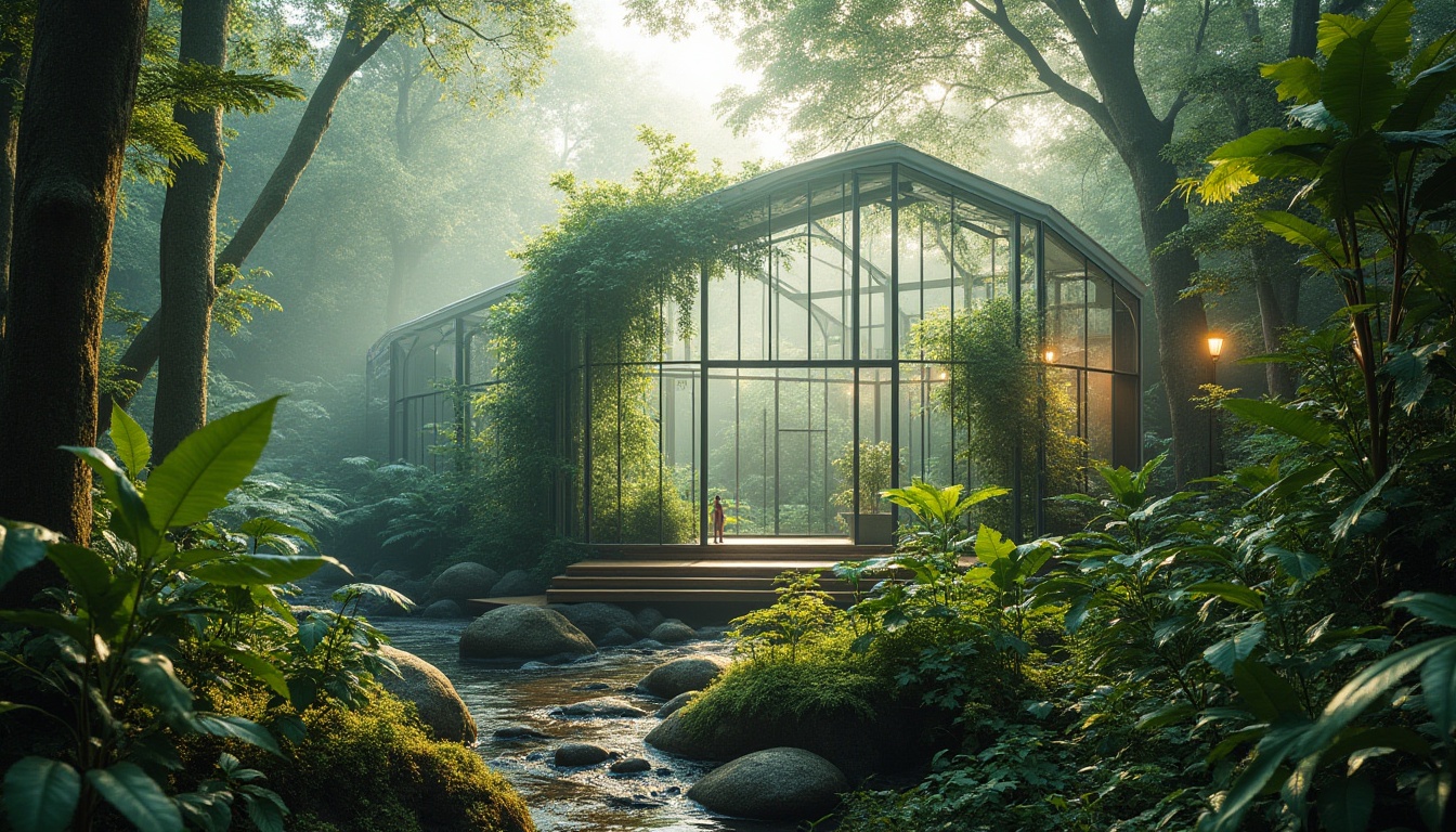 Prompt: Integrating greenhouses, modern architecture, transparent glass walls, lush tropical plants, vines crawling up structures, misty atmosphere, forest landscape, tall trees, ferns, moss-covered rocks, wooden pathways, natural stone foundation, warm sunlight filtering through canopy, soft focus, 3/4 composition, shallow depth of field, vibrant green hues, serene ambiance, peaceful coexistence.