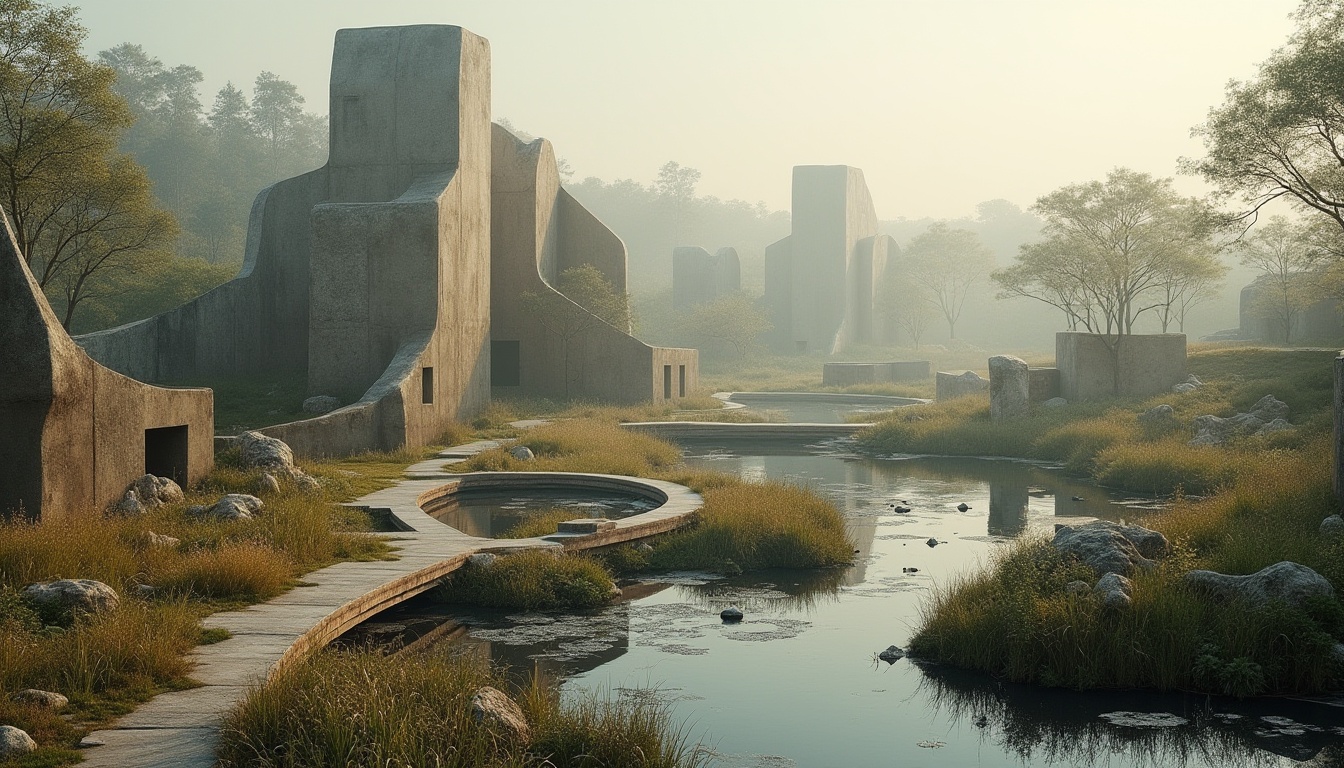 Prompt: Wetland landscape, Constructivist architecture, abstract shapes, irregular forms, fragmented structures, reflective pools, winding boardwalks, lush vegetation, diverse wildlife, misty atmosphere, soft diffused light, warm color palette, natural textures, organic materials, meandering water paths, abstract sculptures, dynamic composition, 3/4 view angle, subtle shadows, environmental awareness.