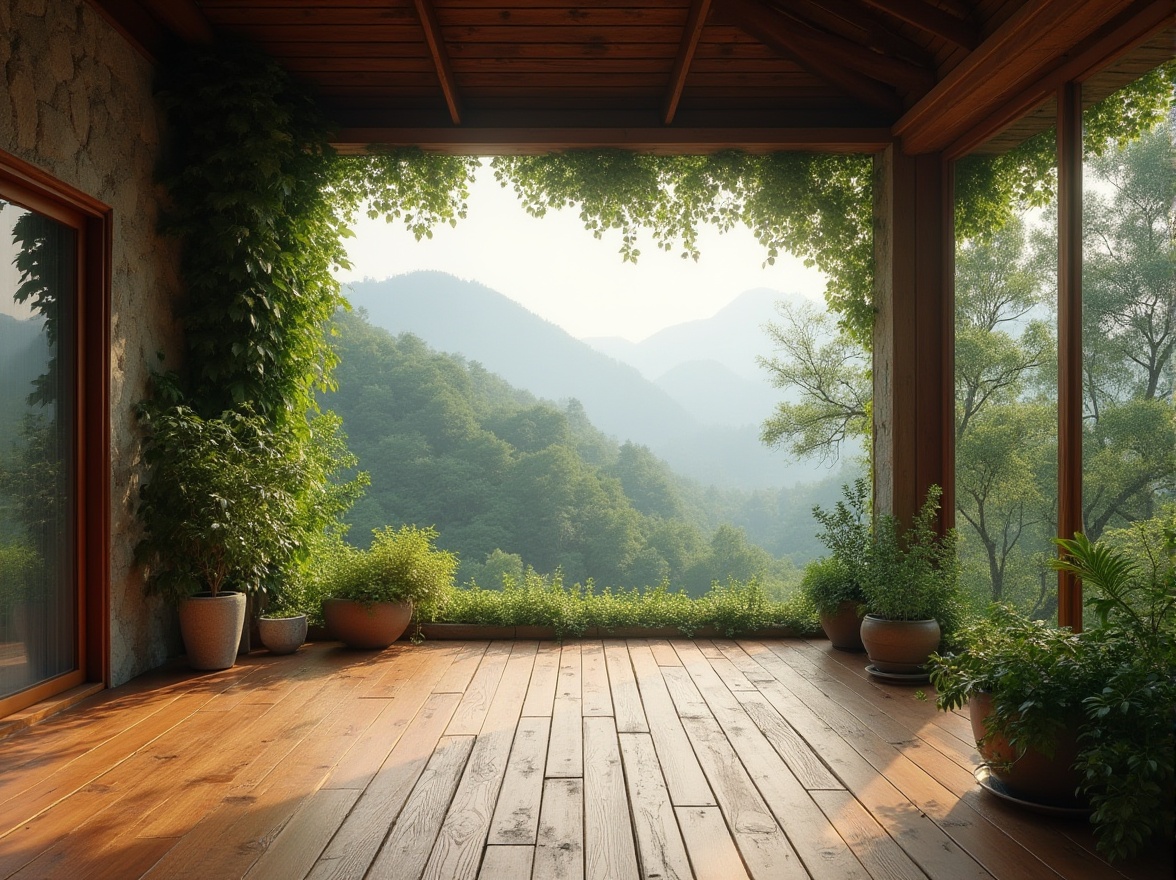 Prompt: Minimalist, serene atmosphere, natural materials, wooden floor, stone walls, greenery, potted plants, vines crawling up walls, large windows, panoramic view, forest surroundings, misty mountains in the distance, warm soft lighting, cinematic composition, shallow depth of field, natural textures, earth tones, harmony between architecture and nature.