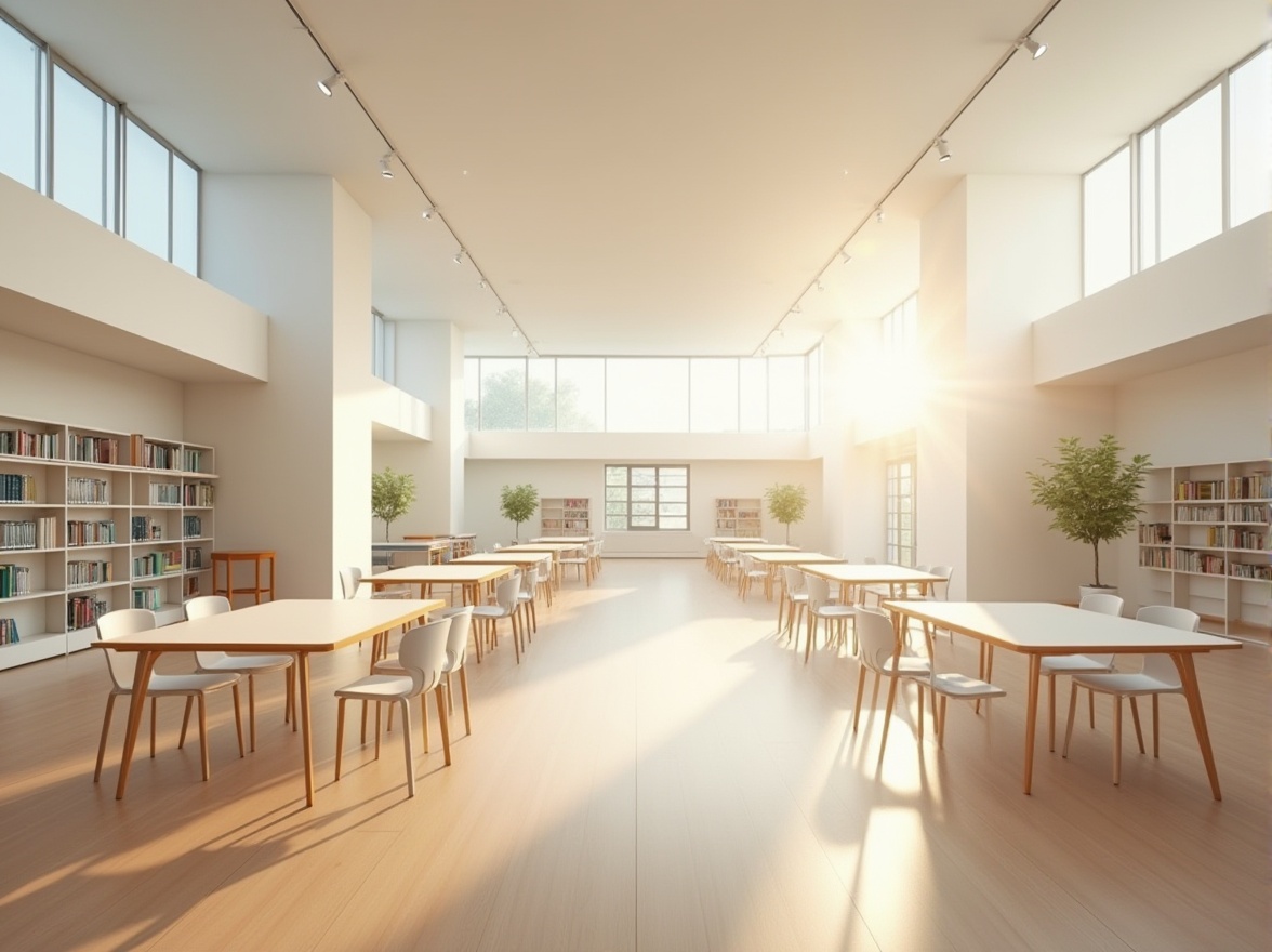 Prompt: Minimalist library interior, natural light pouring in through floor-to-ceiling windows, white walls, wooden floors, simple rectangular tables, ergonomic chairs, plenty of empty space, few modern bookshelves, subtle LED lighting, calm atmosphere, soft shadows, 3/4 composition, shallow depth of field, gentle focus on a single reading area, warm beige color tone, minimal ornamentation, functional simplicity.