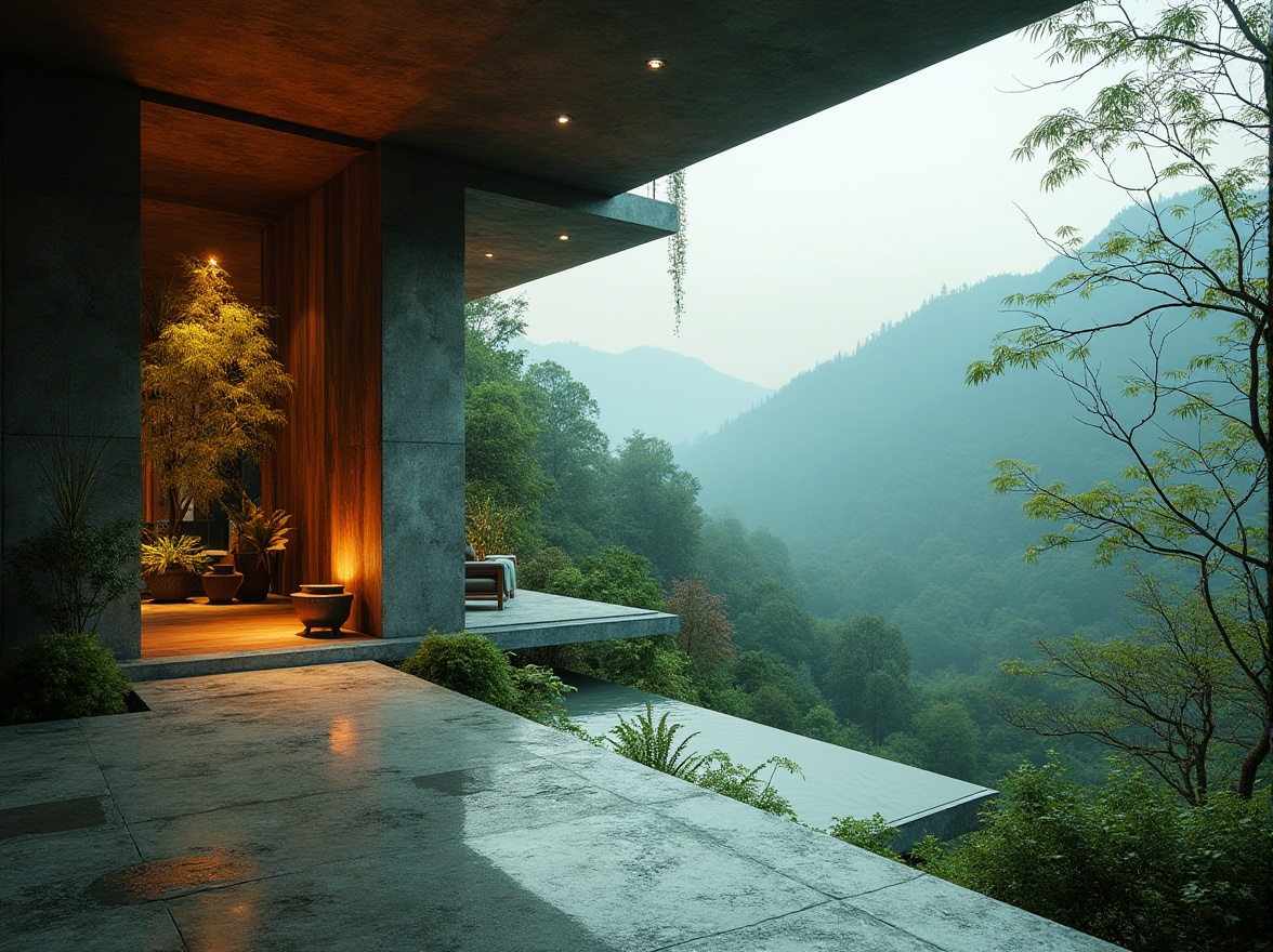 Prompt: Brutalist architecture, integrating natural elements, modern villa, luxurious interior, green walls, living plants, wooden accents, stone floors, floor-to-ceiling windows, panoramic view, mountainous surroundings, dense forest, misty atmosphere, warm ambient lighting, 3/4 composition, cinematic angle, detailed textures, realistic rendering.