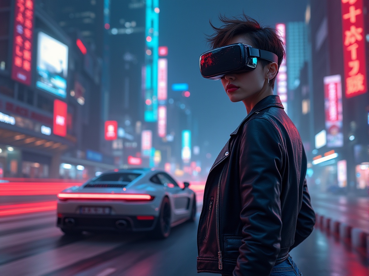 Prompt: Emotional design, futuristic cityscape, neon lights reflecting off skyscrapers, a sleek, modern, silver sports car speeding by, a fashionable young woman with short, spiky hair, bold, bright red lipstick, trendy, high-tech, virtual reality glasses, black leather jacket, ripped jeans, standing confidently, one hand on hip, urban, metropolitan atmosphere, vibrant colors, dynamic composition, cinematic lighting, 3/4 view, shallow depth of field.