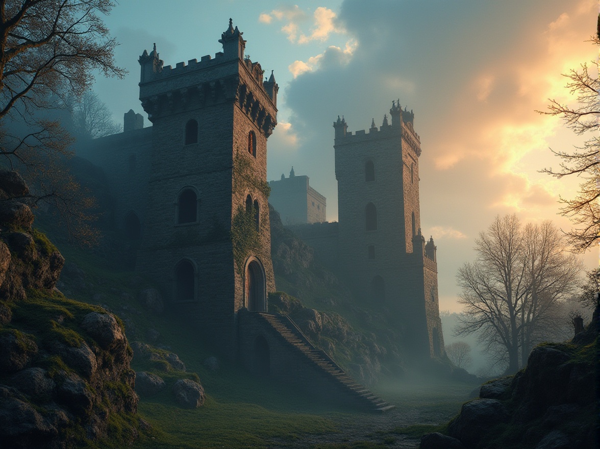 Prompt: Watching towers, medieval architecture, mysterious atmosphere, gothic style, stone walls, grandeur, intricate carvings, ivy climbing, ancient trees, misty fog, mystical ambient lighting, warm golden hour, dramatic clouds, blue sky, 3/4 composition, low-angle shot, cinematic framing, dark academia, magical realism, soft focus on background, sharp focus on towers, rust-colored stone, moss-covered walls, worn-out wooden doors.