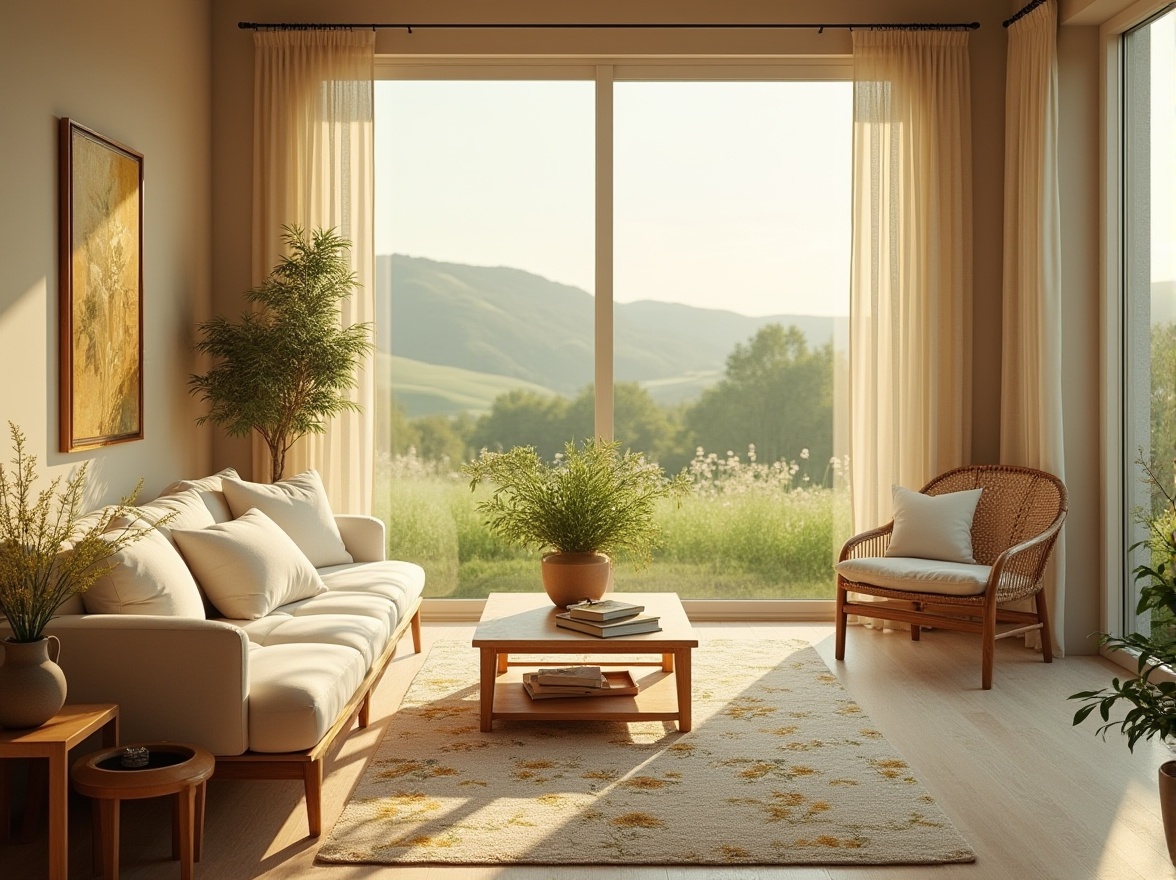 Prompt: Serene living room, meadow inspired interior design, natural harmonious atmosphere, warm beige walls, soft cream-colored furniture, greenery-filled vase on wooden coffee table, woven wicker basket chair, plush area rug with botanical patterns, large windows with panoramic view of rolling hills, lush green meadow with wildflowers swaying gently in the breeze, warm sunlight casting a golden glow, gentle afternoon ambiance, shallow depth of field, soft focus, 3/4 composition, natural textures, earthy tones.