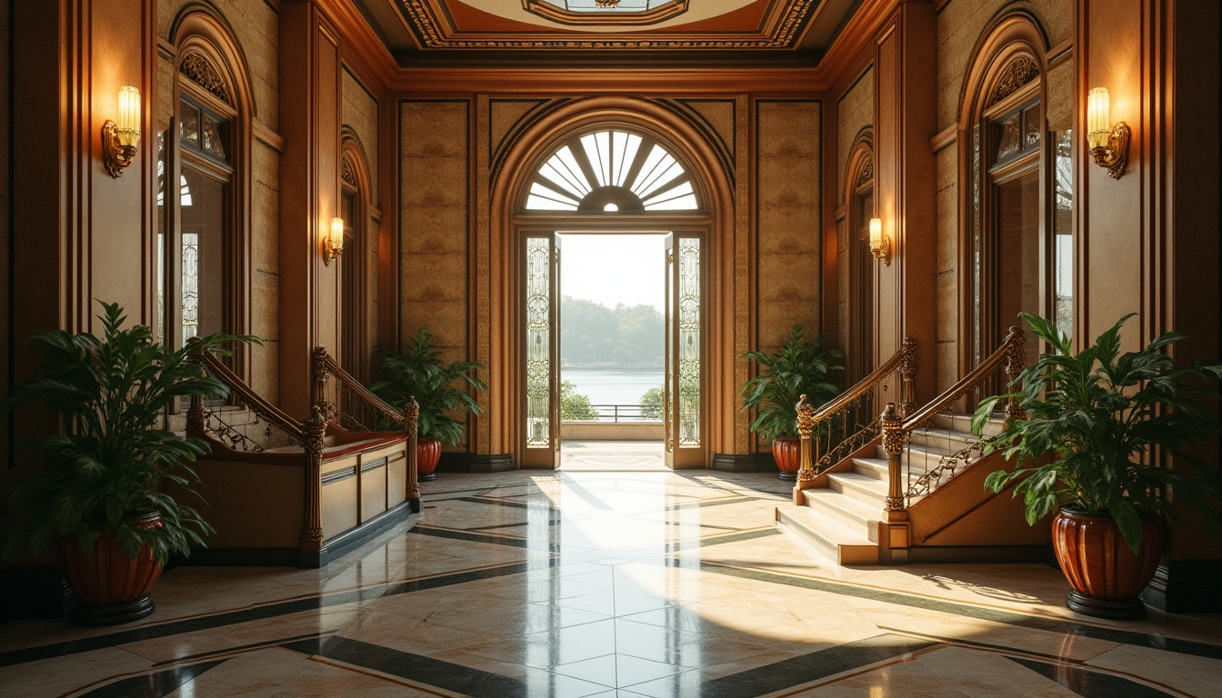 Prompt: Riverbank hospital, Art Deco style, luxurious entrance, geometric patterned walls, metallic materials, ornate decorations, grand staircase, polished marble floors, vintage lamps, rounded corners, symmetrical composition, sunlit atrium, lush greenery, majestic river views, 1930s inspired architecture, detailed ornaments, warm golden lighting, low-angle shot, dramatic shadows.