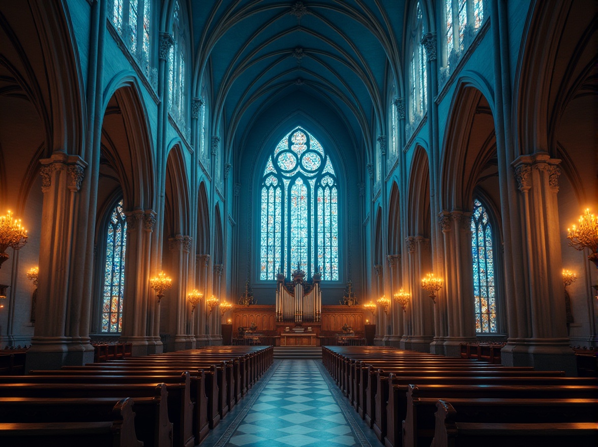 Prompt: Gothic church, periwinkle blue stained glass windows, intricate stone carvings, grandiose entrance, ornate wooden pews, vaulted ceilings, pointed arches, ribbed vaults, flying buttresses, imposing organ pipes, majestic altar, delicate filigree details, warm candlelight, dramatic shadows, 3/4 composition, low-angle shot, atmospheric perspective, soft focus, serene atmosphere, peaceful ambiance.