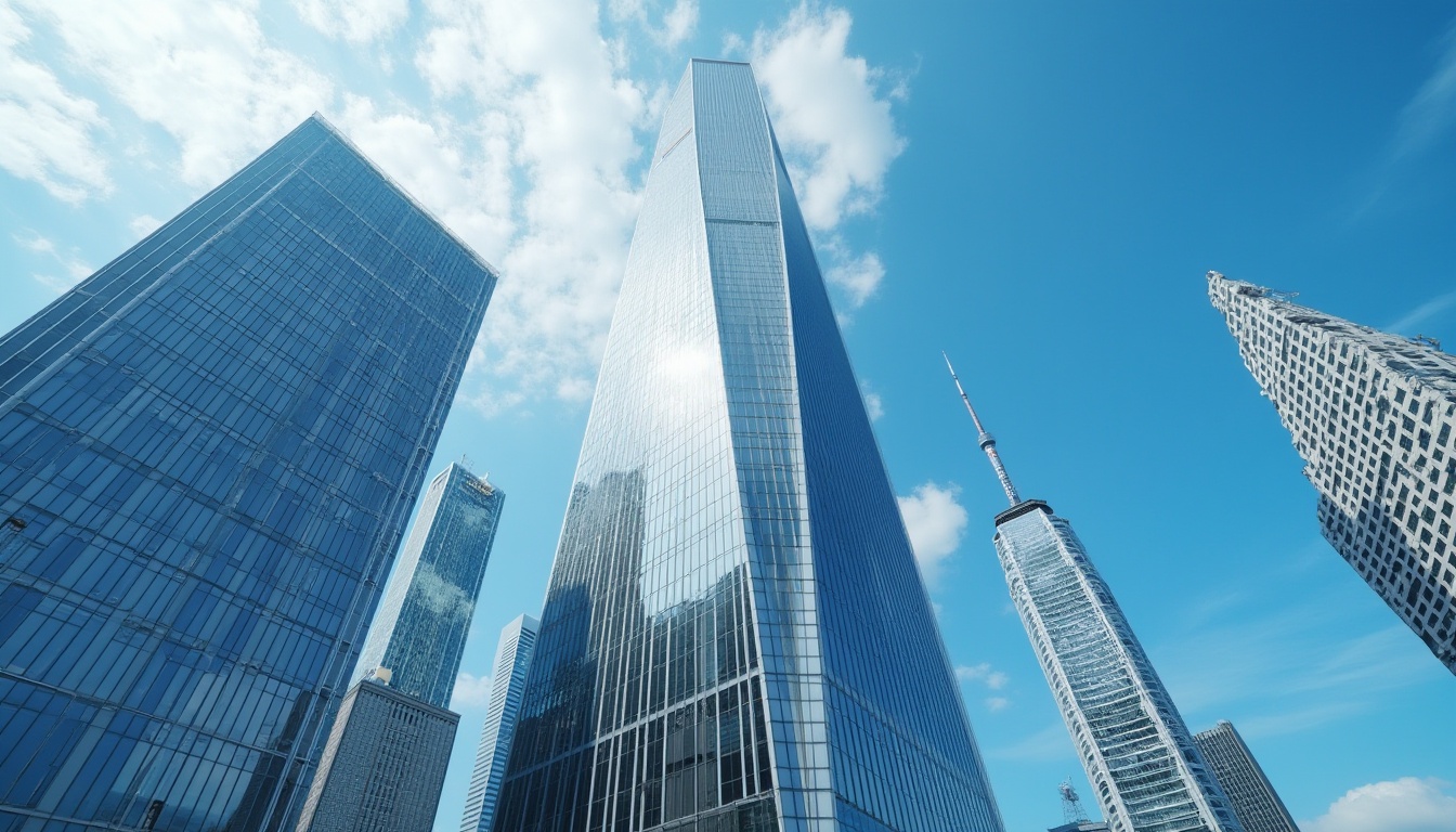 Prompt: Modern skyscraper, steel-framed building, urban cityscape, sunny day, blue sky with few clouds, glass windows reflecting light, angular lines, metallic texture, silver color, sleek design, minimalist aesthetic, clean composition, high-angle shot, dramatic lighting, cinematic mood, futuristic atmosphere.