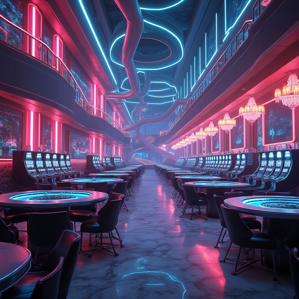 Prompt: Futuristic casino, high-tech ambiance, neon lights, innovative plasticrete structure, translucent walls, glowing accents, sleek lines, modern chandeliers, polished marble floors, grand staircase, VIP lounge, poker tables, slot machines, roulette wheel, futuristic furniture, metallic sheen, reflective surfaces, ambient lighting, dramatic shadows, cinematic composition, low-angle shot, high-contrast color scheme.