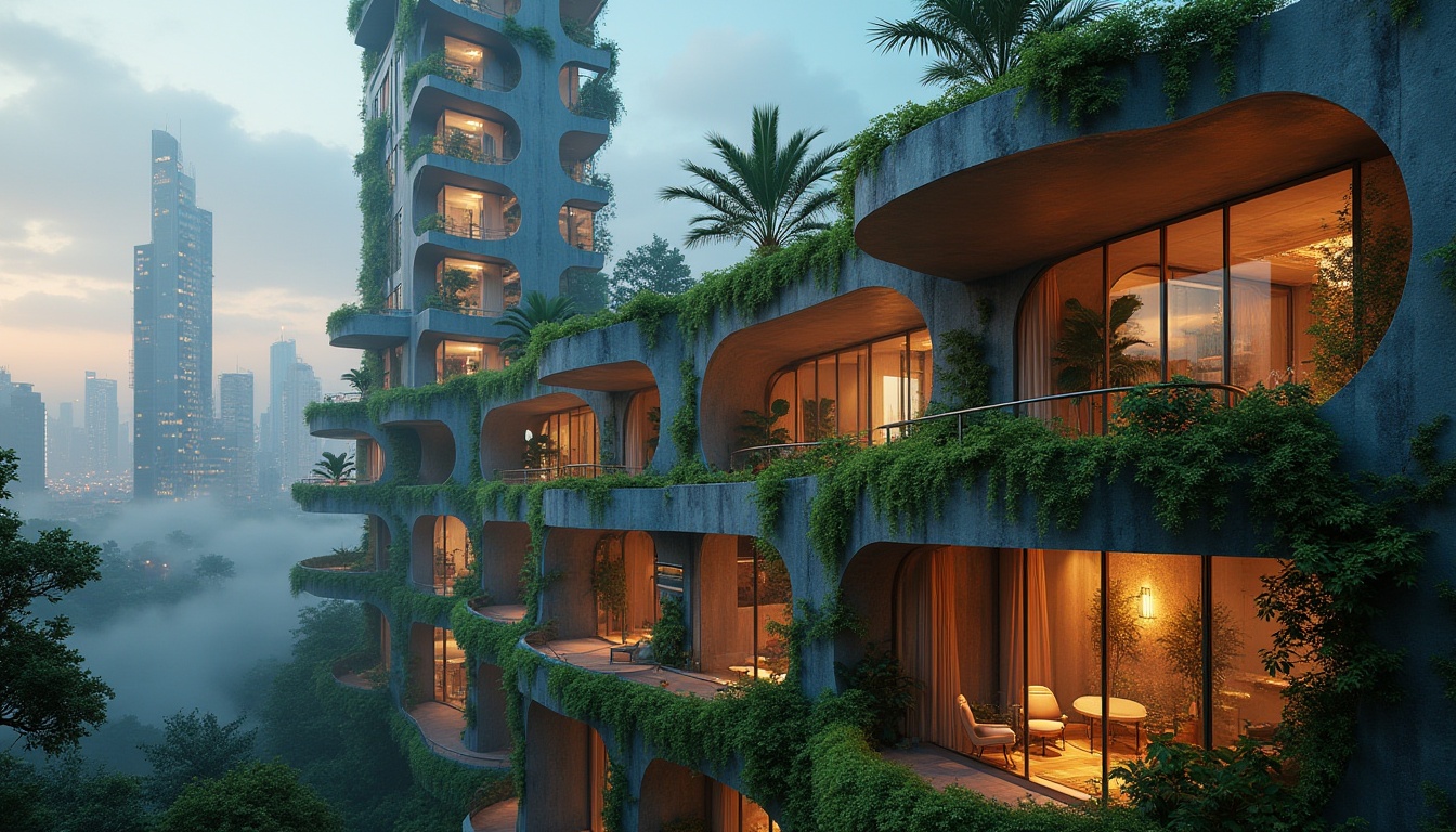 Prompt: Savanna-inspired postmodern architecture, merging nature with steel, futuristic skyscraper, curved lines, metallic materials, reflective glass, green rooftop garden, vines crawling up walls, palm trees, abstract sculptures, brutalist columns, neon lights, cityscape at dusk, warm glow, atmospheric mist, low-angle shot, cinematic composition, vibrant color palette.