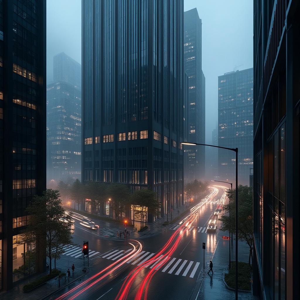 Prompt: Modern cityscape, urban architecture, black glass skyscraper, sleek metallic frames, dark tinted windows, night scene, city lights reflection, busy street, asphalt road, pedestrian crossing, traffic light, modern lamp posts, rainy night, misty atmosphere, high-angle shot, dramatic lighting, deep shadows, cinematic mood, metropolitan feel.