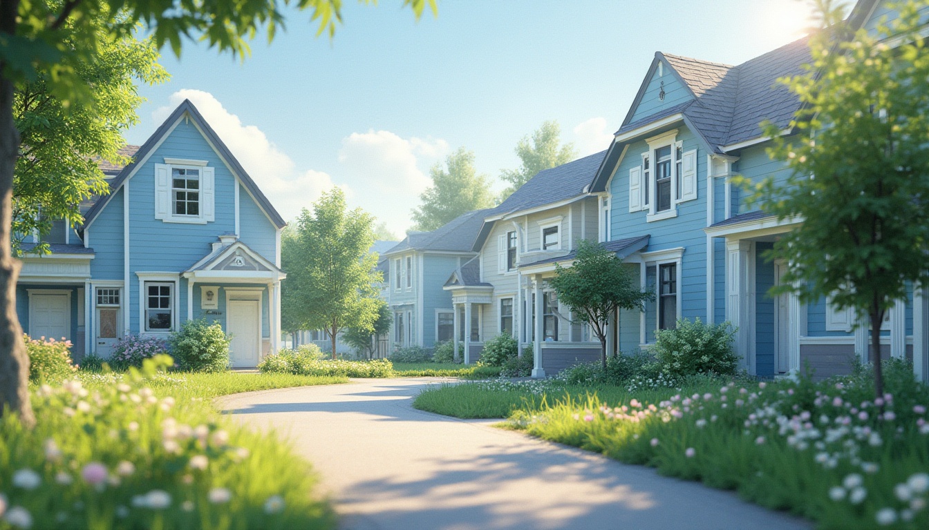 Prompt: Light blue walls, residential area, serene atmosphere, gentle sunshine, calm neighborhood, suburban streets, beautiful detailed houses, sloping roofs, white windows, greenery, blooming flowers, lush trees, soft grass, winding pavement, quiet morning, warm afternoon, peaceful evening, soft focus, natural lighting, shallow depth of field, vibrant colors, cinematic composition.