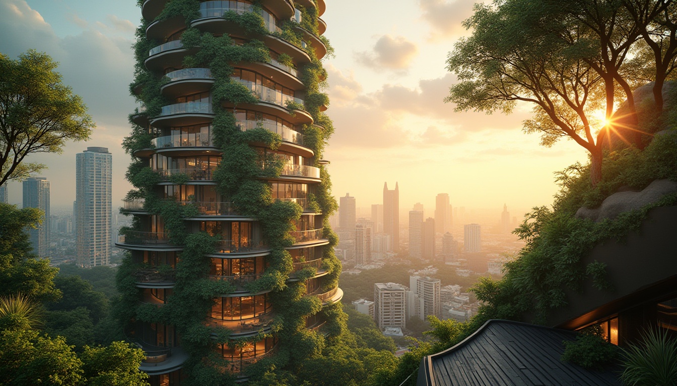 Prompt: urban setting, organic architecture, harmonious blend, futuristic skyscraper, curved lines, green walls, lush vines, natural materials, earthy tone, eco-friendly design, rooftop garden, cityscape view, sunset ambiance, warm lighting, 3/4 composition, cinematic angle, modern metropolitan atmosphere.