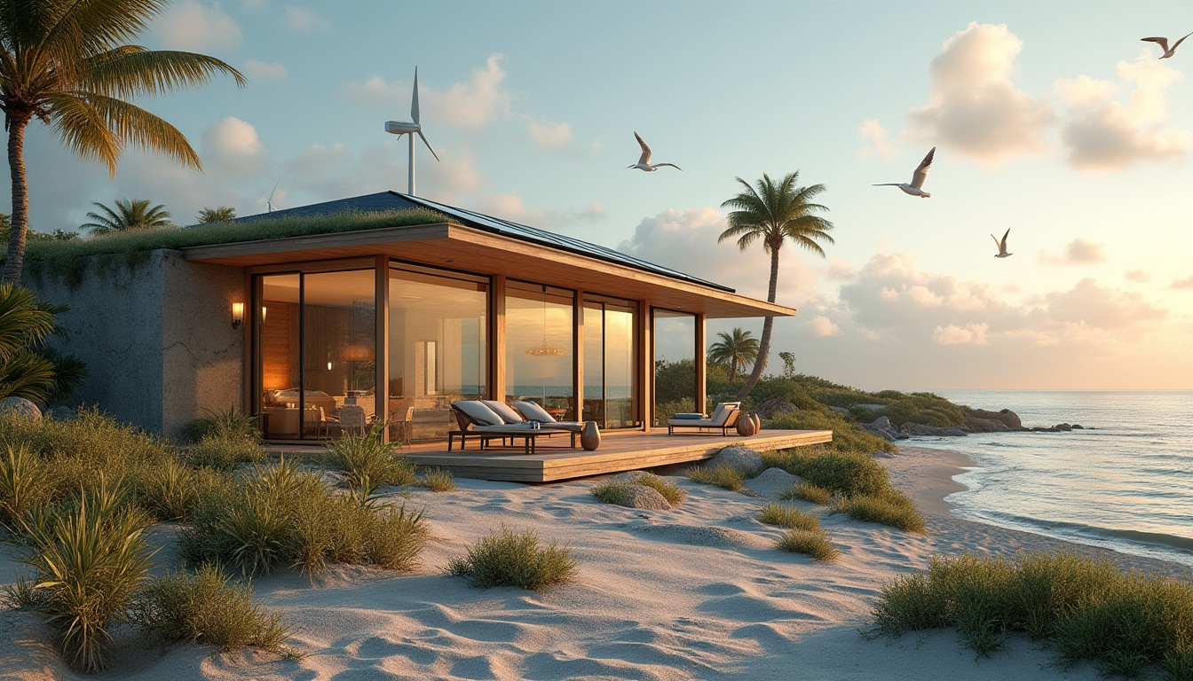 Prompt: Sustainable coastal architecture, modern eco-friendly building, seaside villa, large windows, sliding glass doors, solar panels on roof, green roof, wind turbines, recycled materials, wooden decking, beachy vibe, natural texture, ocean view, tropical plants, palm trees, sandy dunes, seagulls flying overhead, sunrise/sunset lighting, warm colors, 3/4 composition, shallow depth of field.