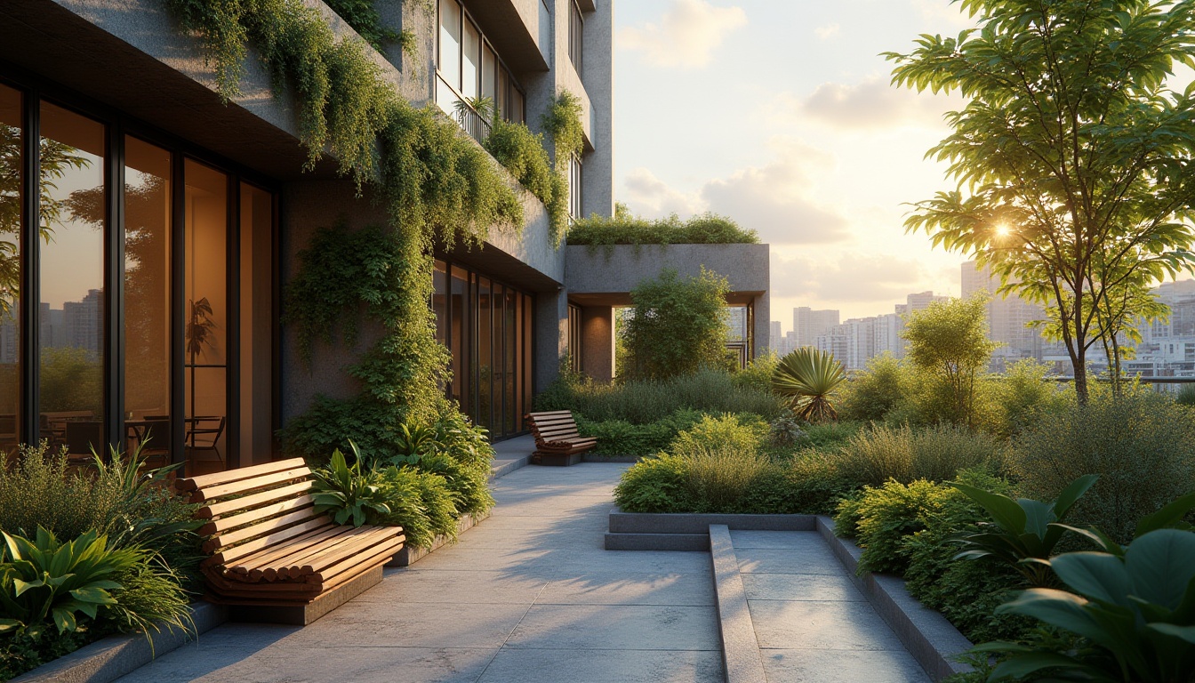 Prompt: Urban oasis, modern minimalist architecture, large glass windows, steel frames, rooftop garden, lush greenery, vines crawling up walls, wooden benches, stone pathways, cityscape background, sunset lighting, warm tones, soft shadows, 3/4 composition, shallow depth of field, clean lines, geometric shapes, natural textures, living walls, vertical gardens, serene ambiance.