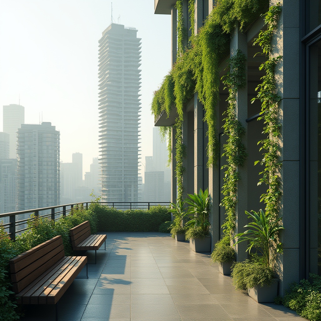 Prompt: Urban minimalist, modern skyscraper, rooftop garden, lush greenery, vines crawling up concrete walls, sleek metal railings, wooden benches, cityscape background, misty morning, soft natural light, subtle shadows, 3/4 composition, shallow depth of field, abstract expression, harmonious integration, balance between nature and urbanism.