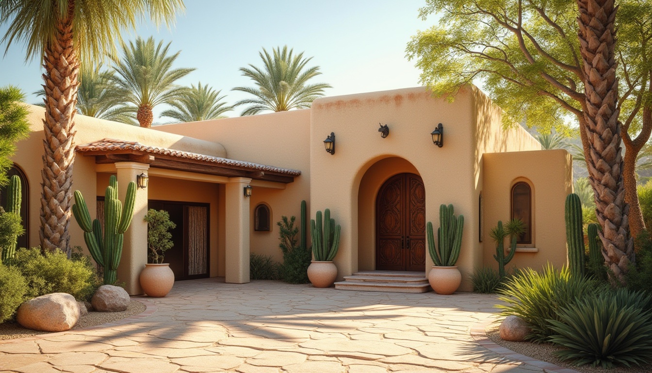 Prompt: Desert villa, Gainsboro color, warm beige exterior walls, Mediterranean-style architecture, curved lines, arched windows, ornate wooden doors, lush greenery surroundings, tall palm trees, cacti, terracotta pots, rustic stone pavement, tranquil atmosphere, warm sunny day, soft natural light, 3/4 composition, shallow depth of field.