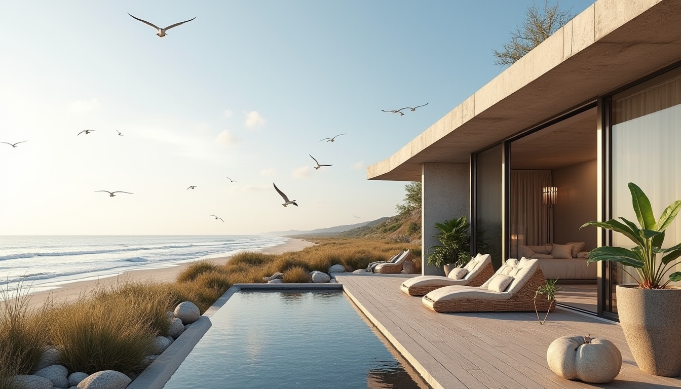 Prompt: Coastal scenery, modern beachside villa, galvanized steel accents, curved lines, minimalist design, sleek silhouette, large windows, sliding glass doors, beachy chic interior, woven rattan furniture, driftwood decor, potted succulents, sandy dunes, sea grass, calm ocean waves, seagulls flying overhead, warm sunny day, soft focus, shallow depth of field, atmospheric perspective, panoramic view, 3/4 composition, natural light, gentle shadows.