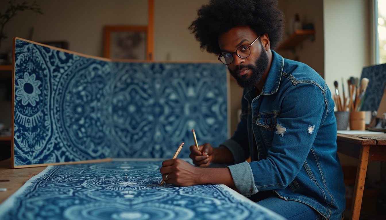 Prompt: Dark blue indigo fabric, intricate traditional African pattern, cultural symbol, creative art piece, solo male artist, afro hair, thick beard, round glasses, casual wear, denim jacket, ripped jeans, sneakers, studio background, wooden desk, paintbrushes, canvas, natural light, warm color tone, close-up shot, shallow depth of field, artistic composition, vibrant texture.