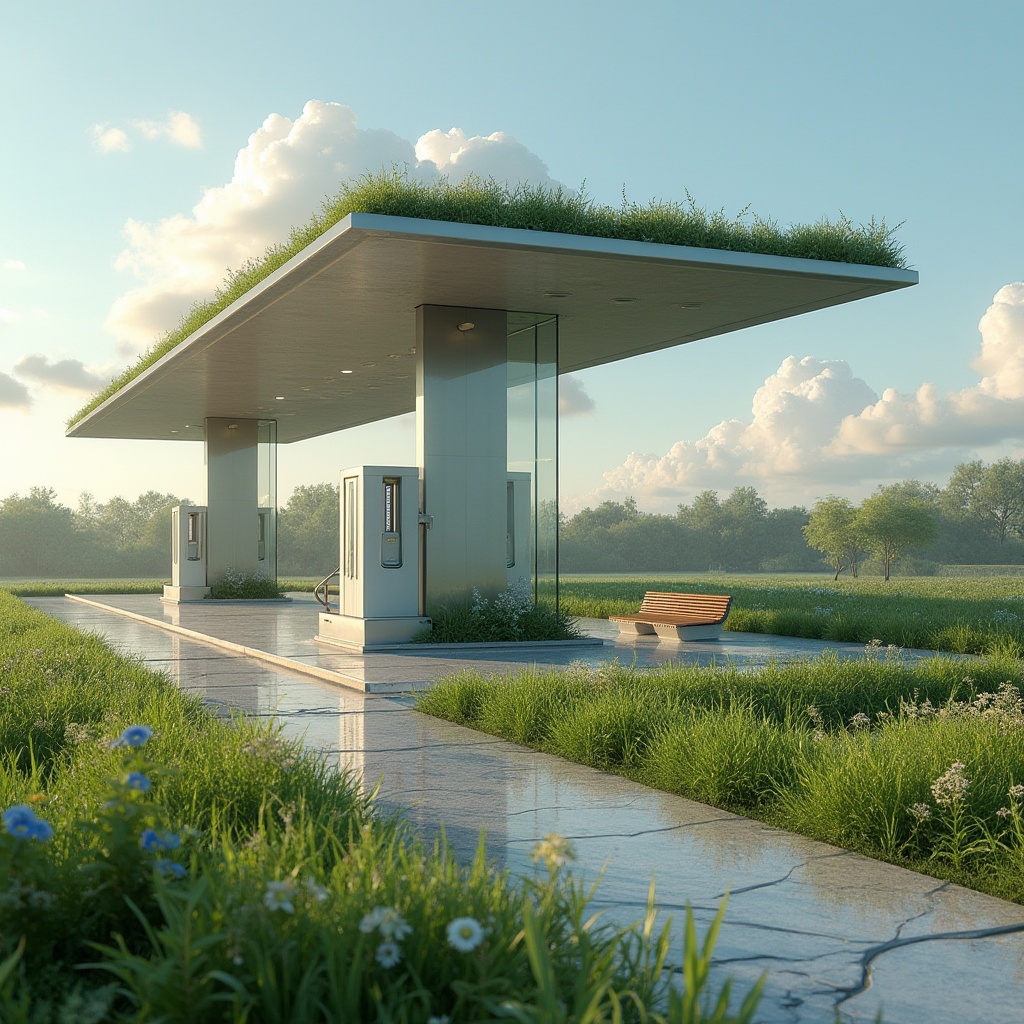 Prompt: Integrating grassland into gas station design, futuristic gas pump, sleek metallic body, LED lights, transparent glass walls, green roof with lush grass and wildflowers, winding stone path, wooden benches, modern minimalist architecture, sunny afternoon, clear blue sky, few puffy white clouds, warm soft lighting, shallow depth of field, 3/4 composition, natural ambiance.