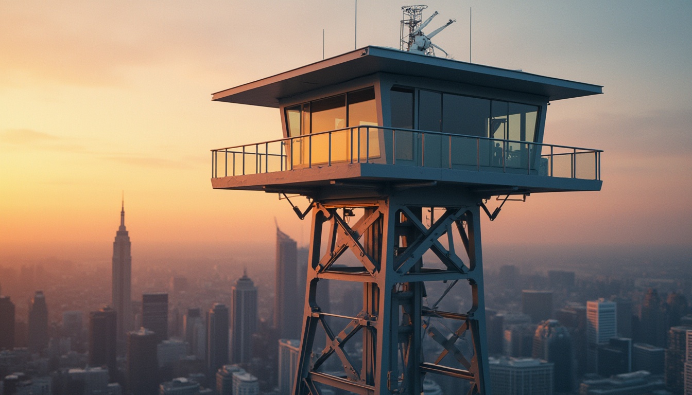 Prompt: Watching tower, modern architecture, steel-framed materials, sleek lines, angular structure, silver-gray metal, glass windows, minimalist design, urban landscape, cityscape, sunset time, warm golden light, low-angle shot, 3/4 composition, depth of field, cinematic mood, ambient occlusion, high-rise building, metropolitan feel.