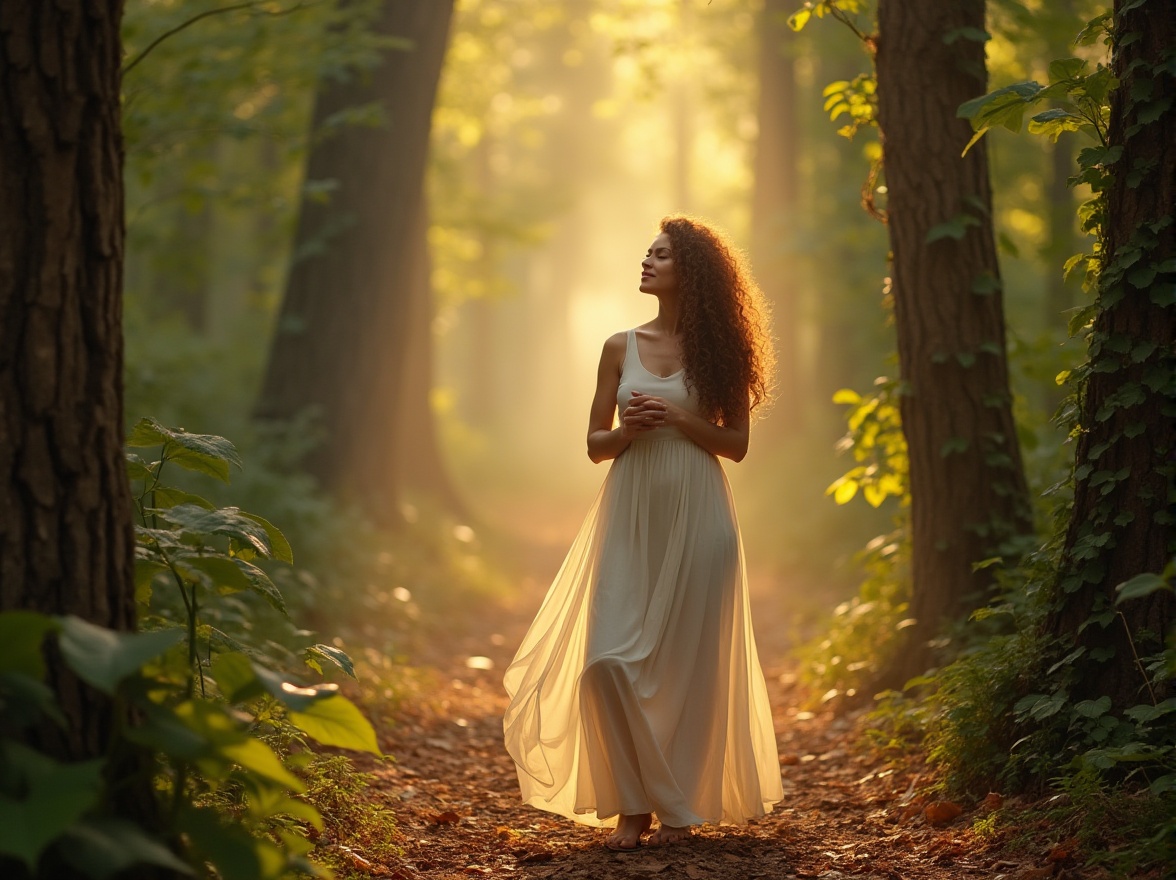 Prompt: Serenity atmosphere, peaceful forest surroundings, warm sunlight filtering through trees, gentle mist rising from the ground, a lone figure, mature lady, standing in harmony, flowing white dress, long curly brown hair, gentle smile, hands clasped together, eyes closed, feeling the nature, surrounded by tall trees, varied green leaves, vines entwined around trunks, forest floor covered with fallen leaves, soft focus, warm lighting, cinematic composition, 3/4 view.