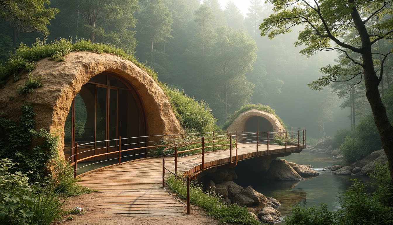 Prompt: Innovative pedestrian bridge, rammed earth structure, modern architecture, natural materials, rough texture, earthy tone, curved lines, gentle slope, wooden railings, steel cables, lush greenery, vines climbing up, wildflowers blooming, serene forest surroundings, misty atmosphere, soft diffused lighting, 3/4 composition, depth of field, warm and cozy ambiance.