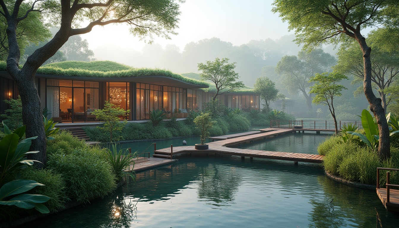 Prompt: Luxurious hotel, wetland environment, modern architecture, green roof, wooden docks, reflections on calm water, misty morning, lush vegetation, exotic plants, twisted tree trunks, boardwalk, suspension bridge, observation deck, panoramic view, warm lighting, cozy atmosphere, elegant interior design, comfortable rooms, floor-to-ceiling windows, nature-inspired furniture, natural materials, eco-friendly, sustainable design.