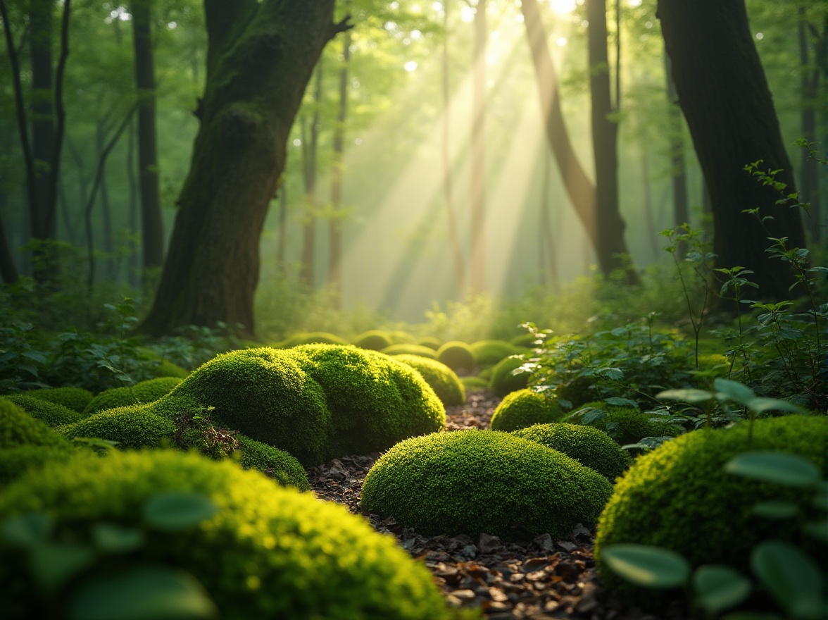 Prompt: Moss green, calming atmosphere, natural scenery, forest floor, lush foliage, vines crawling up trees, misty morning, soft sunlight filtering through leaves, gentle breeze rustling leaves, serene composition, shallow focus, earthy tone, warm lighting, peaceful ambiance.