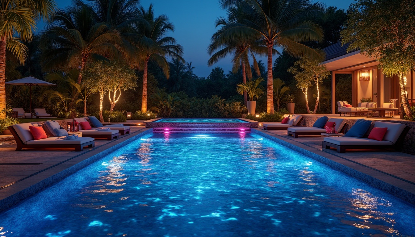 Prompt: Luxurious backyard, nighttime, sparkling pool water, subtle mist rising from surface, surrounding tropical plants, palm trees swaying gently, colorful LED lights underwater, stair-step entrance, sunken lounge chairs, soft cushions, vibrant outdoor pillows, glass coffee table, refreshing cocktail glasses, ice bucket, wine bottles, warm ambient lighting, dramatic spotlights, 3/4 composition, shallow depth of field.