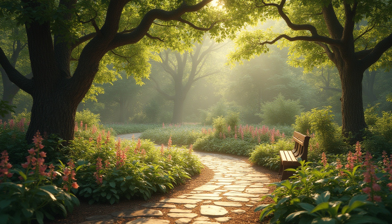 Prompt: Organic shapes, botanical garden, warm sunlight, lush greenery, vibrant flowers, winding stone path, wooden benches, serene atmosphere, soft focus, shallow depth of field, natural textures, earthy tones, gentle breeze, misty morning, dew droplets on leaves, intricate leaf details, twisted tree branches, curved flower petals.