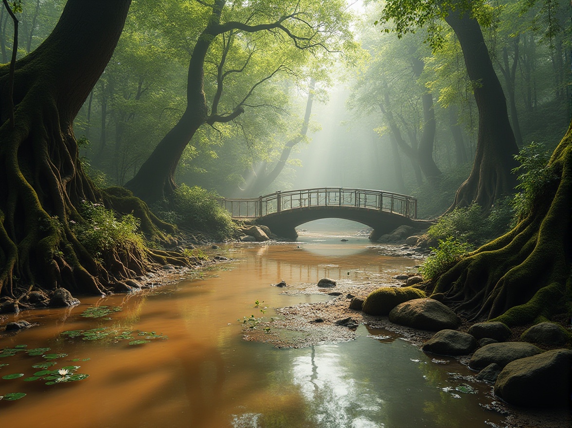 Prompt: Wetland landscape, misty morning atmosphere, coffee-colored muddy water, reflecting the vibrant hues of surrounding foliage, lush greenery, twisted roots, wooden bridges, serene ambiance, warm soft lighting, shallow depth of field, naturalistic composition, earthy tone, moss-covered rocks, winding waterways, tranquil atmosphere, rustic wooden fences, coffee-brown tree trunks, delicate water lilies, subtle ripples on the water surface.