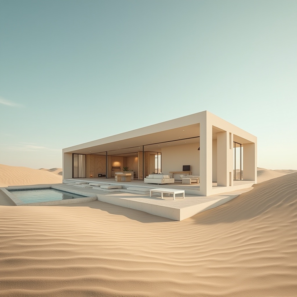 Prompt: Desert landscape, futuristic architecture, solitary building, modern villa, luxurious interior, spacious living room, minimalist decor, cream-colored walls, floor-to-ceiling windows, sliding glass doors, sandy dunes, clear blue sky, harsh sunlight, dramatic shadows, 3/4 composition, low-angle shot, cinematic lighting, warm color tone.