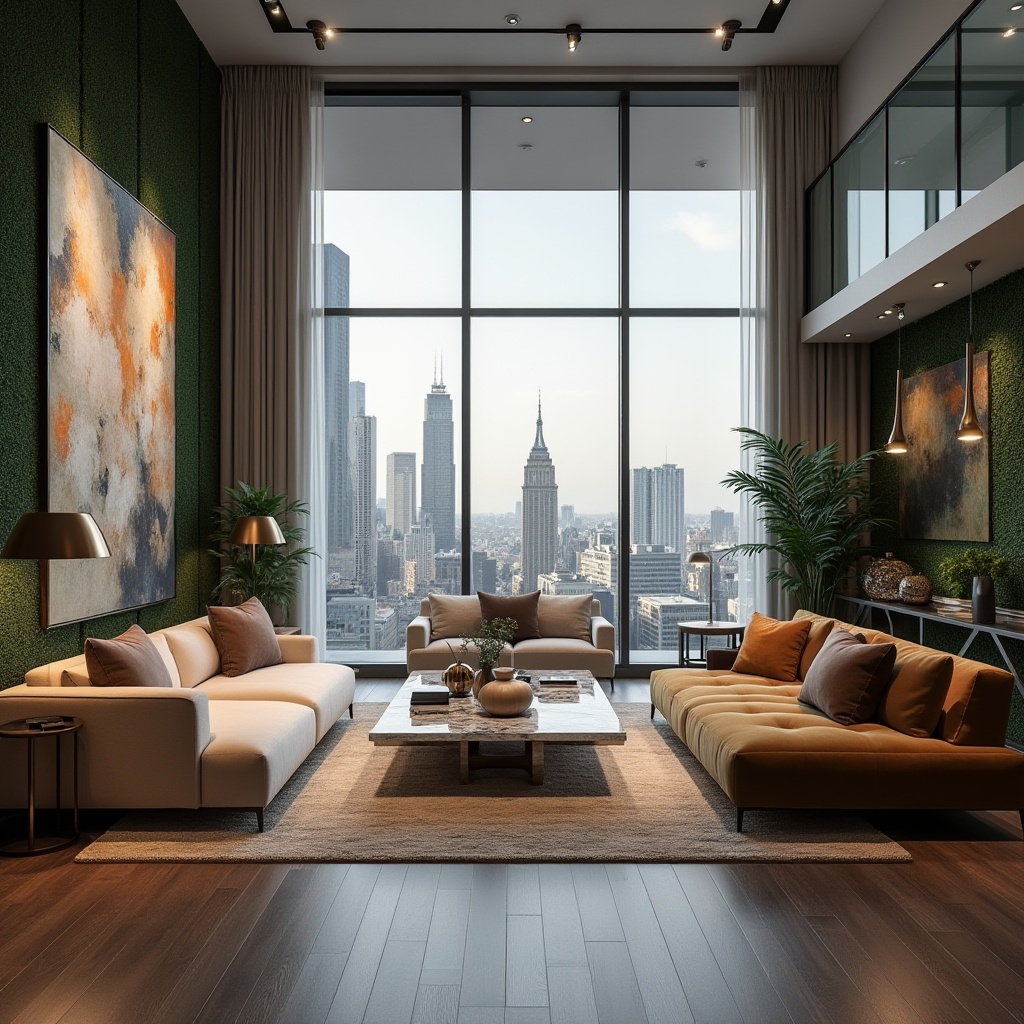 Prompt: Luxurious modern living room, spacious high-ceiling, floor-to-ceiling windows, urban skyscraper view, minimalist chic furniture, marble coffee table, velvet sofa, abstract art pieces, metallic lamp shades, polished wooden flooring, greenery wall, industrial-chic pendant lights, 3/4 composition, soft warm lighting, cinematic ambiance.