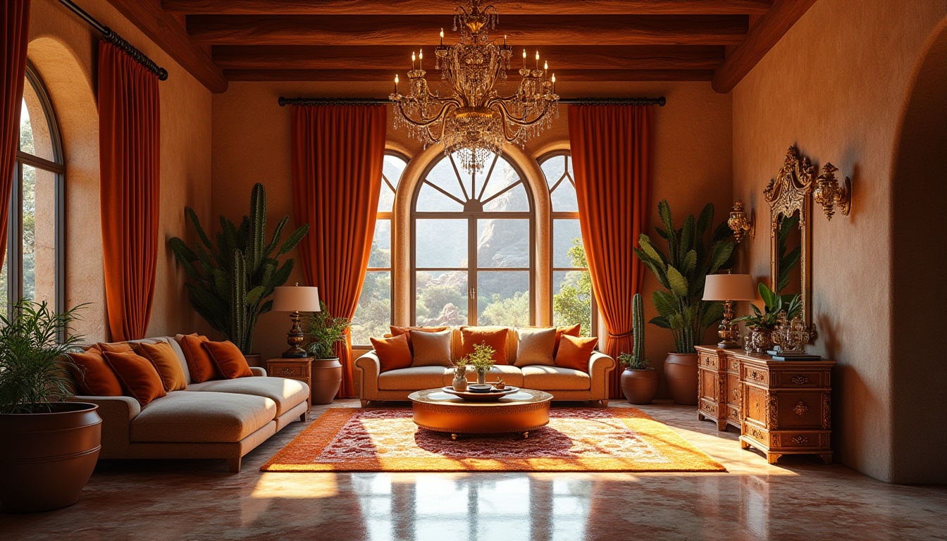 Prompt: Luxurious baroque interior, incorporating canyon elements, grand chandelier, golden ornaments, velvet drapes, marble floor, canyon-inspired rock formations, natural stone walls, wooden ceiling with exposed beams, elegant furniture with carvings, lavish fabrics, warm earthy tones, Arizona red rocks, Southwestern patterns, Native American textiles, desert botanicals, cacti, succulents, warm sunlight streaming through stained glass windows, dramatic shadows, 3/4 composition, low-key lighting.