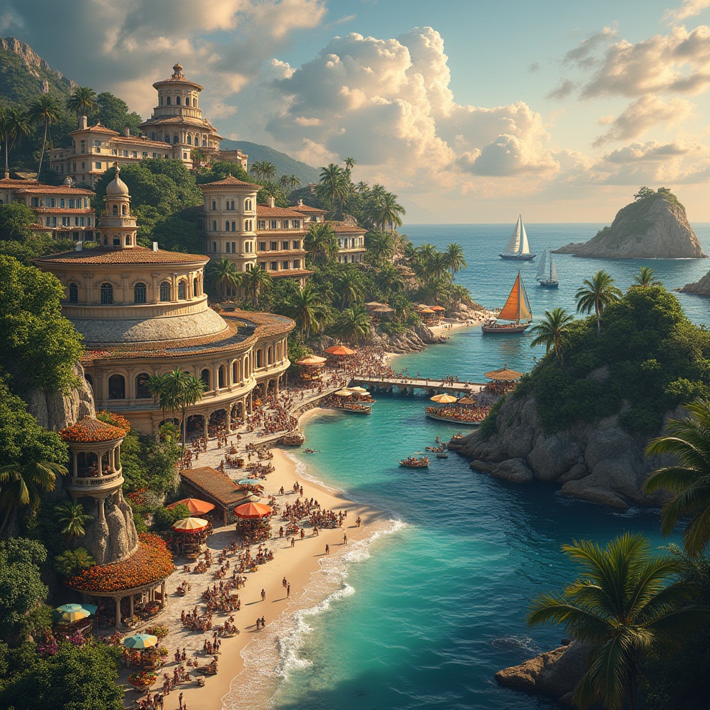 Prompt: Island, market, Baroque style, tropical trees, curved ornate buildings, grand fountain, vibrant flowers, intricate stone carvings, ornate bridges, seashell pathways, sandy beaches, crystal clear waters, sailboats, palm trees, colorful parasols, lively marketplace, exotic fruits, fresh seafood, warm sunset lighting, dramatic clouds, cinematic composition.